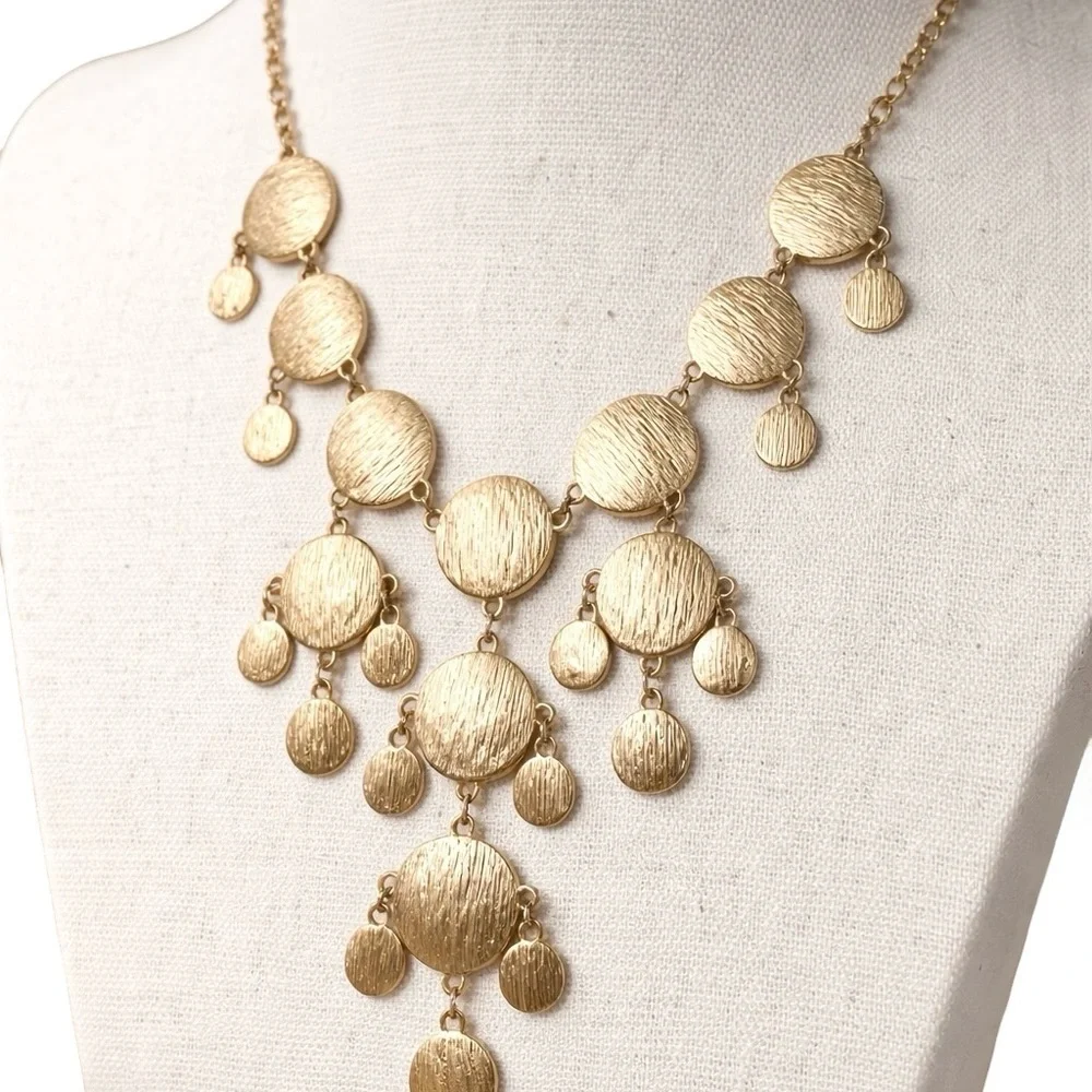 Gold Disc Necklace Fringe Bib Dangle Layered Textured Disc Pendant 22” Boho Chic